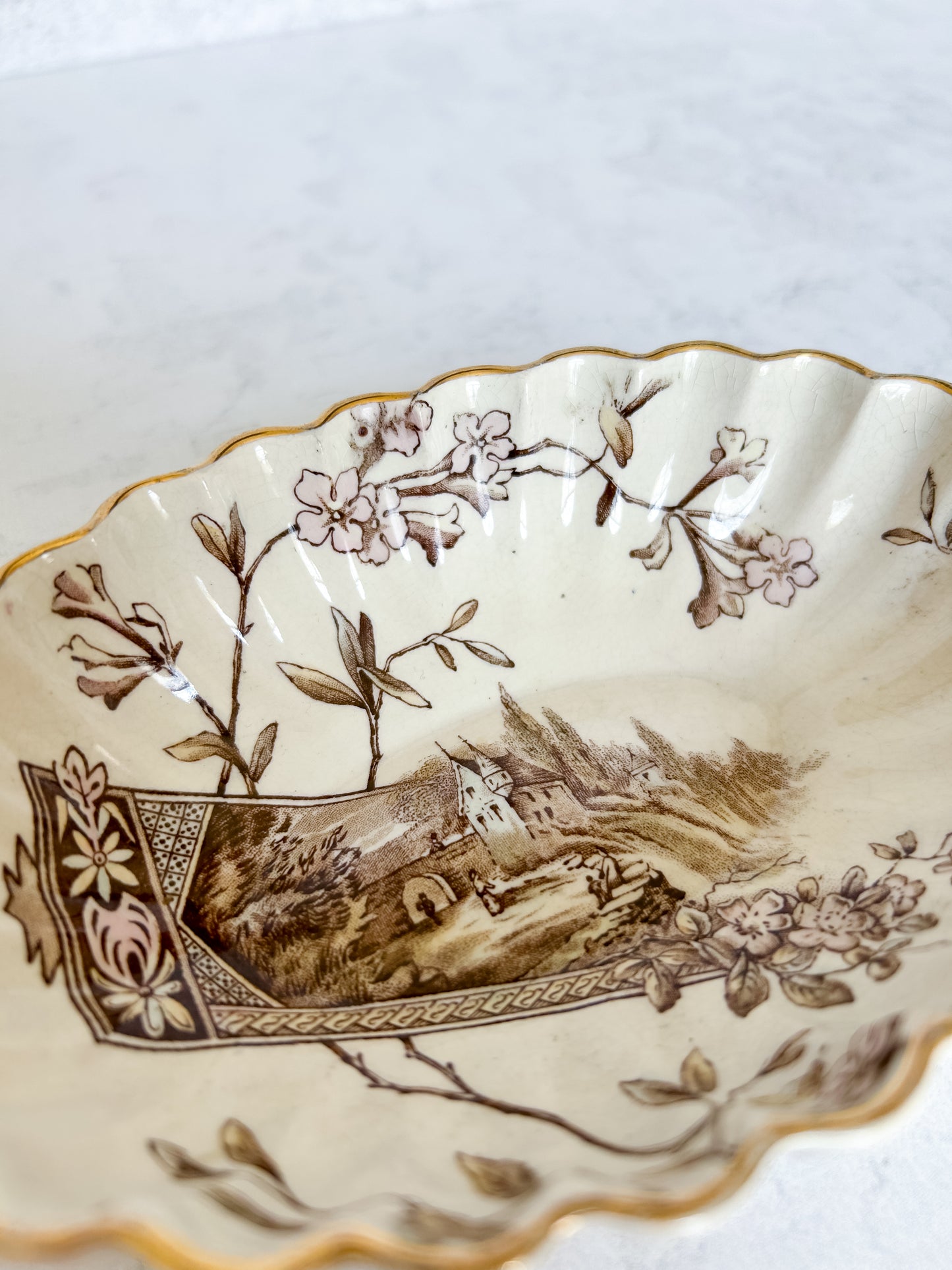 Antique English E.M. & Co Brown Transferware Soap Dish, c1900