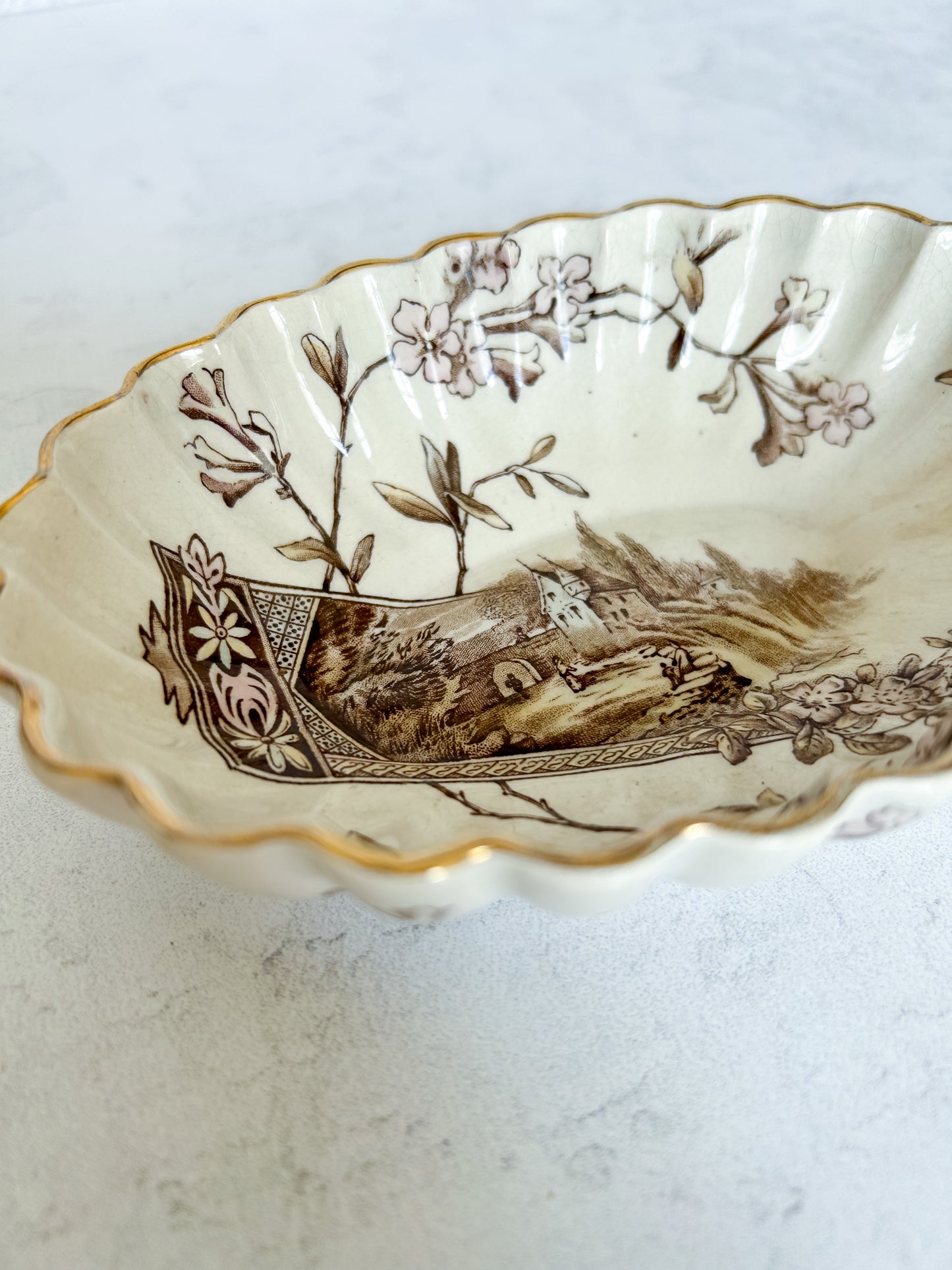 Antique English E.M. & Co Brown Transferware Soap Dish, c1900