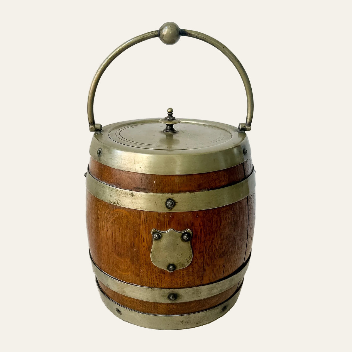 Antique English Oak & Brass Biscuit Barrel, c. 1900