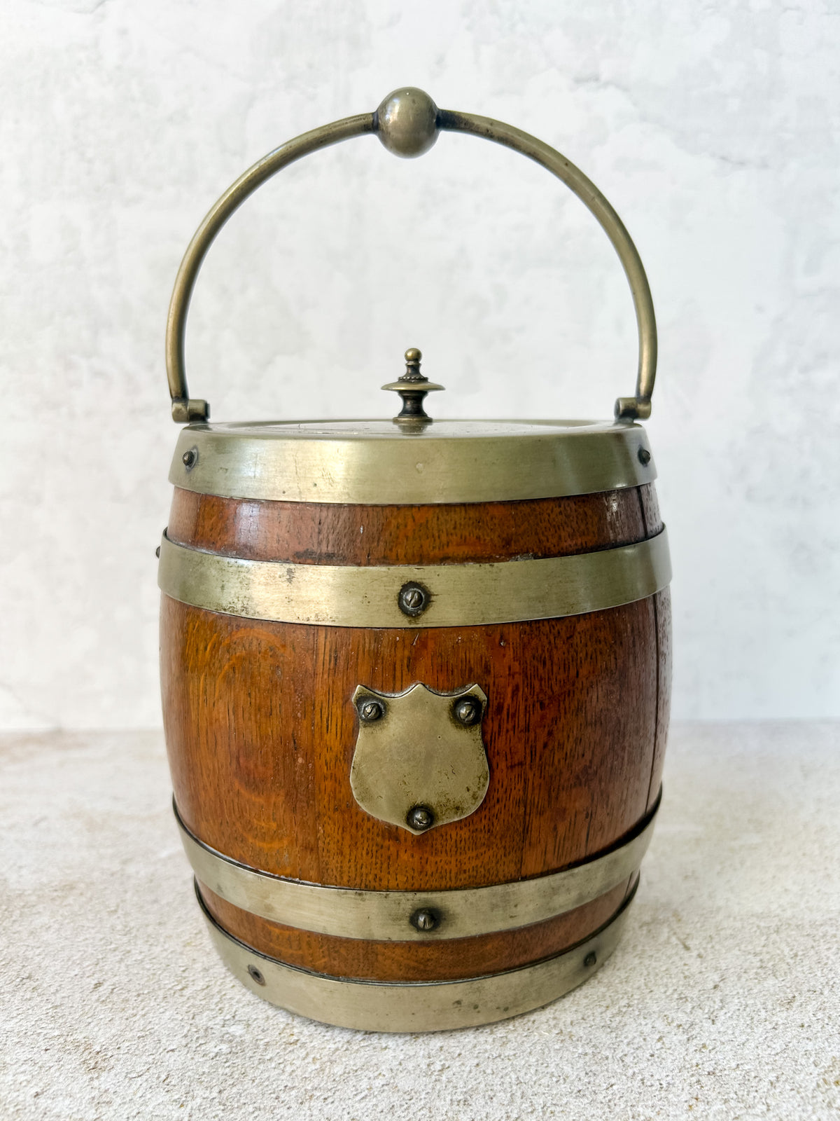Antique English Oak & Brass Biscuit Barrel, c. 1900