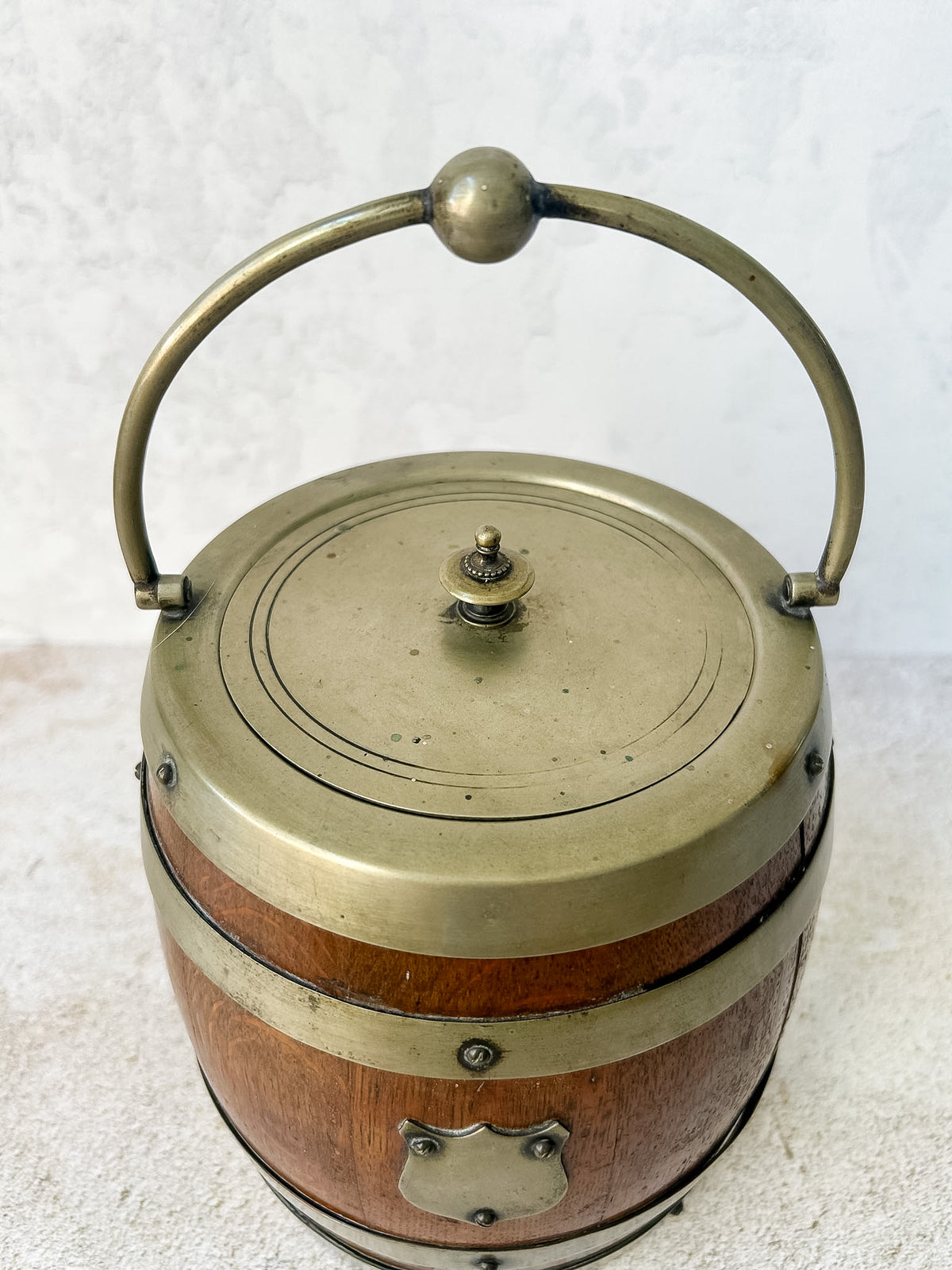 Antique English Oak & Brass Biscuit Barrel, c. 1900