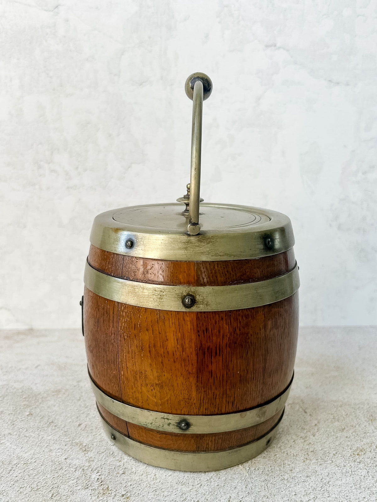 Antique English Oak & Brass Biscuit Barrel, c. 1900