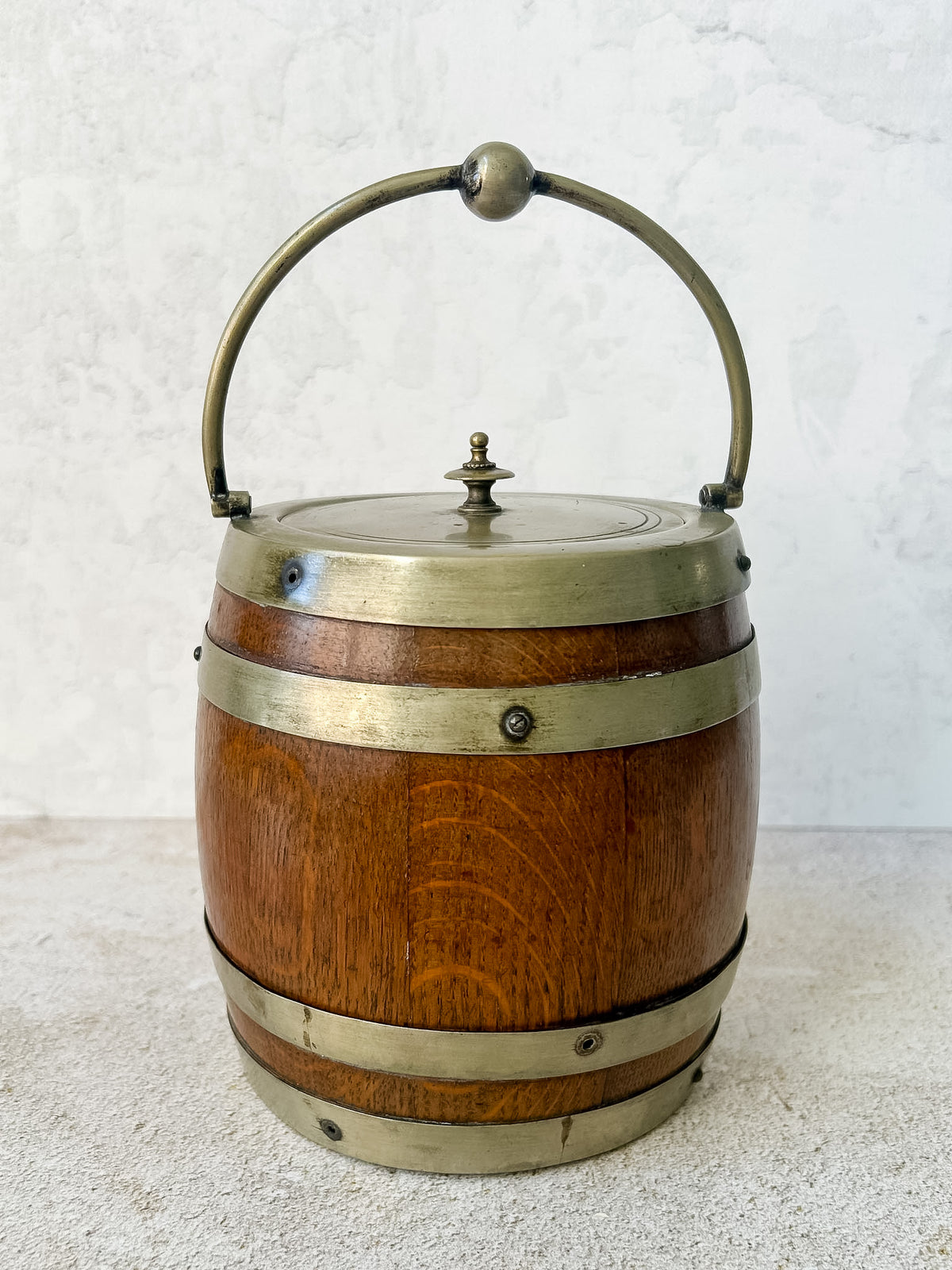 Antique English Oak & Brass Biscuit Barrel, c. 1900