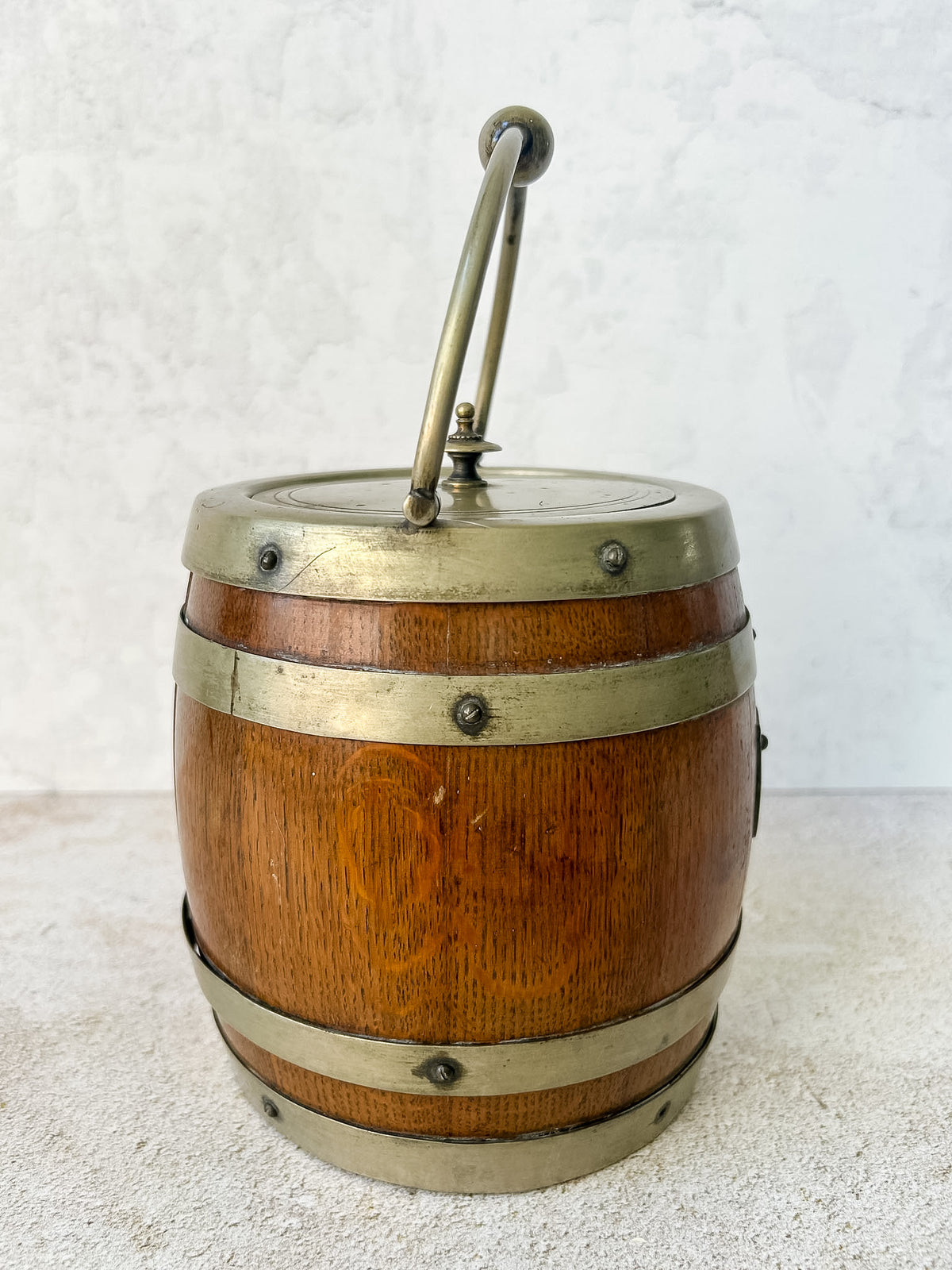 Antique English Oak & Brass Biscuit Barrel, c. 1900