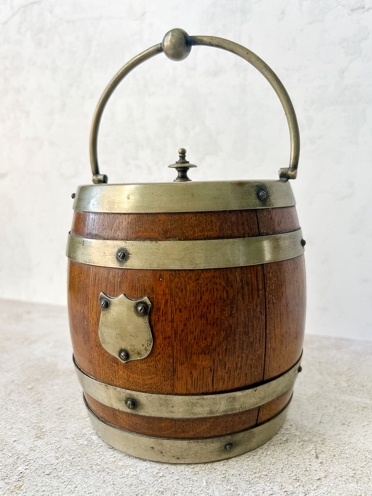 Antique English Oak & Brass Biscuit Barrel, c. 1900