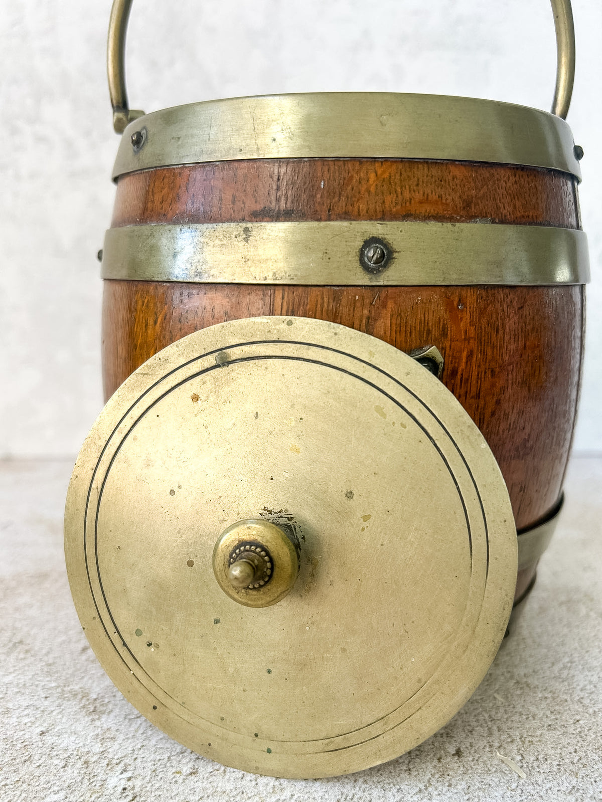 Antique English Oak & Brass Biscuit Barrel, c. 1900